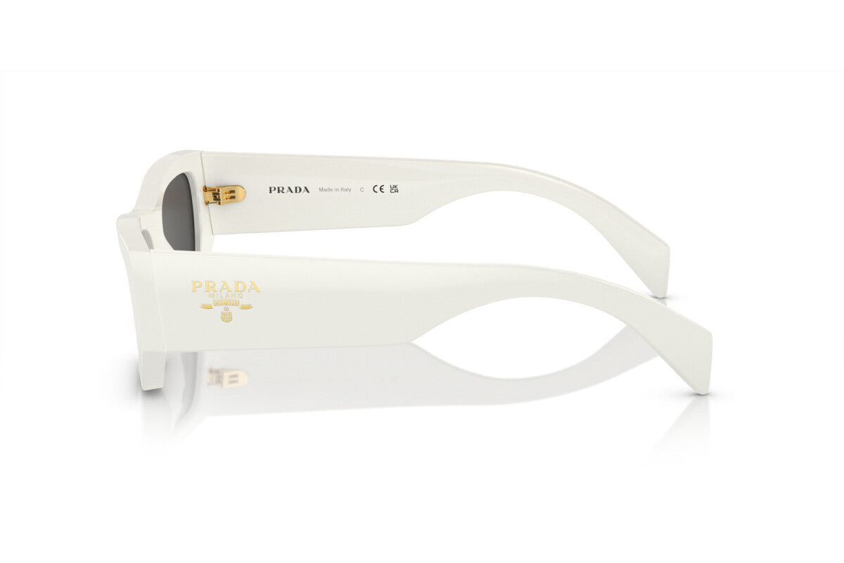 Prada PR A01S 17K08Z rectangular sunglasses for women in full rim acetate, with white frame, and dark grey lenses. 53mm in lens size, 20mm in bridge size, and 145mm in temple length.