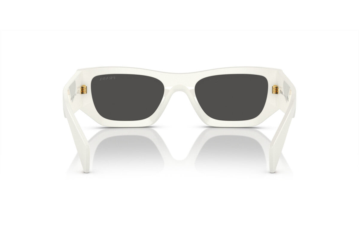 Prada PR A01S 17K08Z rectangular sunglasses for women in full rim acetate, with white frame, and dark grey lenses. 53mm in lens size, 20mm in bridge size, and 145mm in temple length.