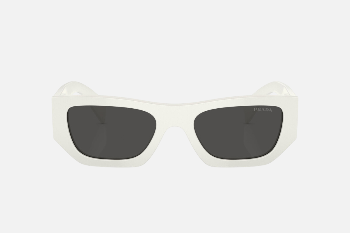 Prada PR A01S 17K08Z rectangular sunglasses for women in full rim acetate, with white frame, and dark grey lenses. 53mm in lens size, 20mm in bridge size, and 145mm in temple length.