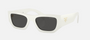 Prada PR A01S 17K08Z rectangular sunglasses for women in full rim acetate, with white frame, and dark grey lenses. 53mm in lens size, 20mm in bridge size, and 145mm in temple length.