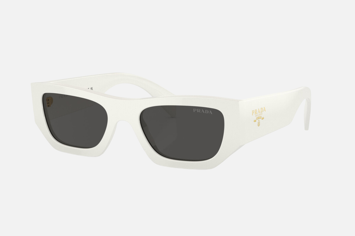 Prada PR A01S 17K08Z rectangular sunglasses for women in full rim acetate, with white frame, and dark grey lenses. 53mm in lens size, 20mm in bridge size, and 145mm in temple length.