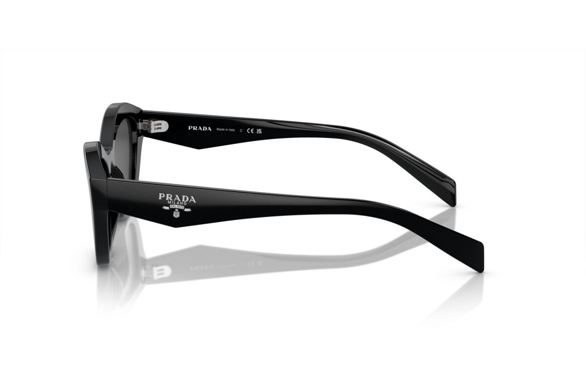 Prada PR A02S 16K08Z cat eye sunglasses for women in full rim acetate, with black frame, and dark grey lenses. 52mm in lens size, 19mm in bridge size, and 140mm in temple length.