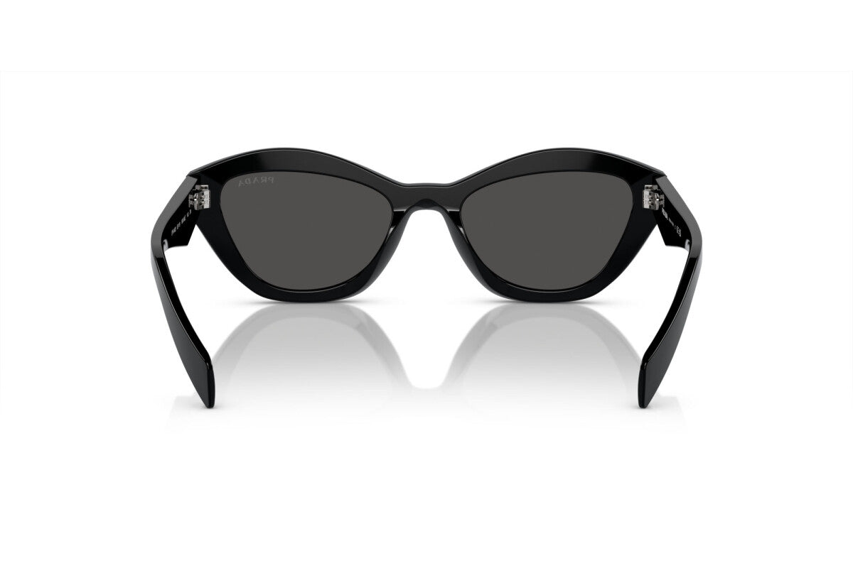 Prada PR A02S 16K08Z cat eye sunglasses for women in full rim acetate, with black frame, and dark grey lenses. 52mm in lens size, 19mm in bridge size, and 140mm in temple length.