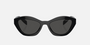 Prada PR A02S 16K08Z cat eye sunglasses for women in full rim acetate, with black frame, and dark grey lenses. 52mm in lens size, 19mm in bridge size, and 140mm in temple length.
