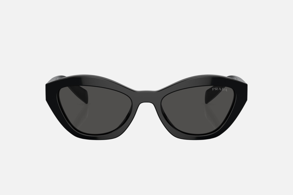 Prada PR A02S 16K08Z cat eye sunglasses for women in full rim acetate, with black frame, and dark grey lenses. 52mm in lens size, 19mm in bridge size, and 140mm in temple length.