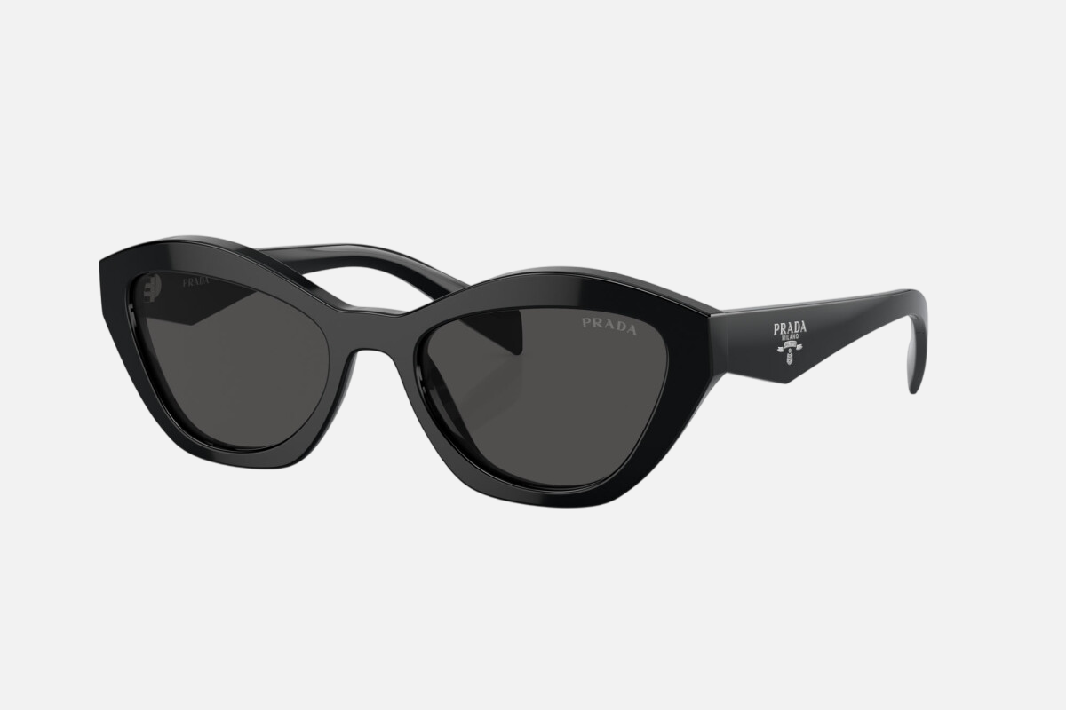 Prada PR A02S 16K08Z cat eye sunglasses for women in full rim acetate, with black frame, and dark grey lenses. 52mm in lens size, 19mm in bridge size, and 140mm in temple length.