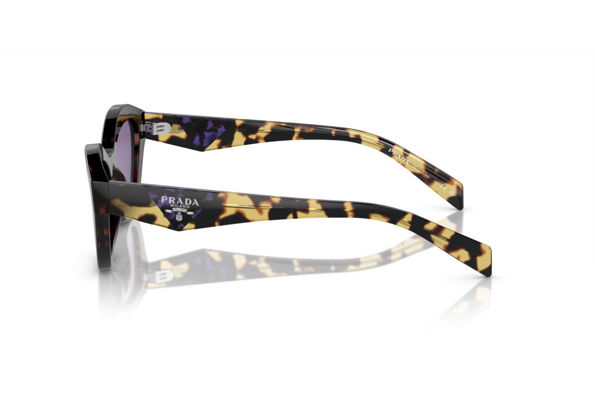 Prada PR A02S 17N50B cat eye sunglasses for women in full rim acetate, with havana frame, and violet lenses. 52mm in lens size, 19mm in bridge size, and 140mm in temple length.