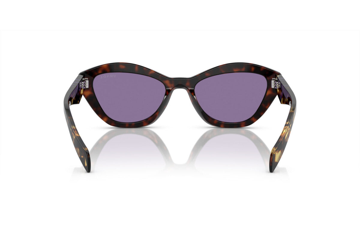 Prada PR A02S 17N50B cat eye sunglasses for women in full rim acetate, with havana frame, and violet lenses. 52mm in lens size, 19mm in bridge size, and 140mm in temple length.