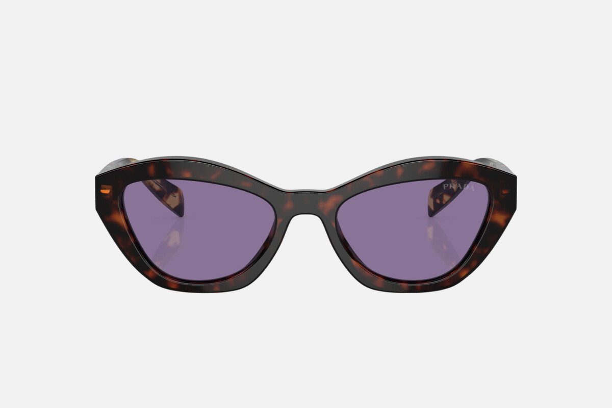 Prada PR A02S 17N50B cat eye sunglasses for women in full rim acetate, with havana frame, and violet lenses. 52mm in lens size, 19mm in bridge size, and 140mm in temple length.