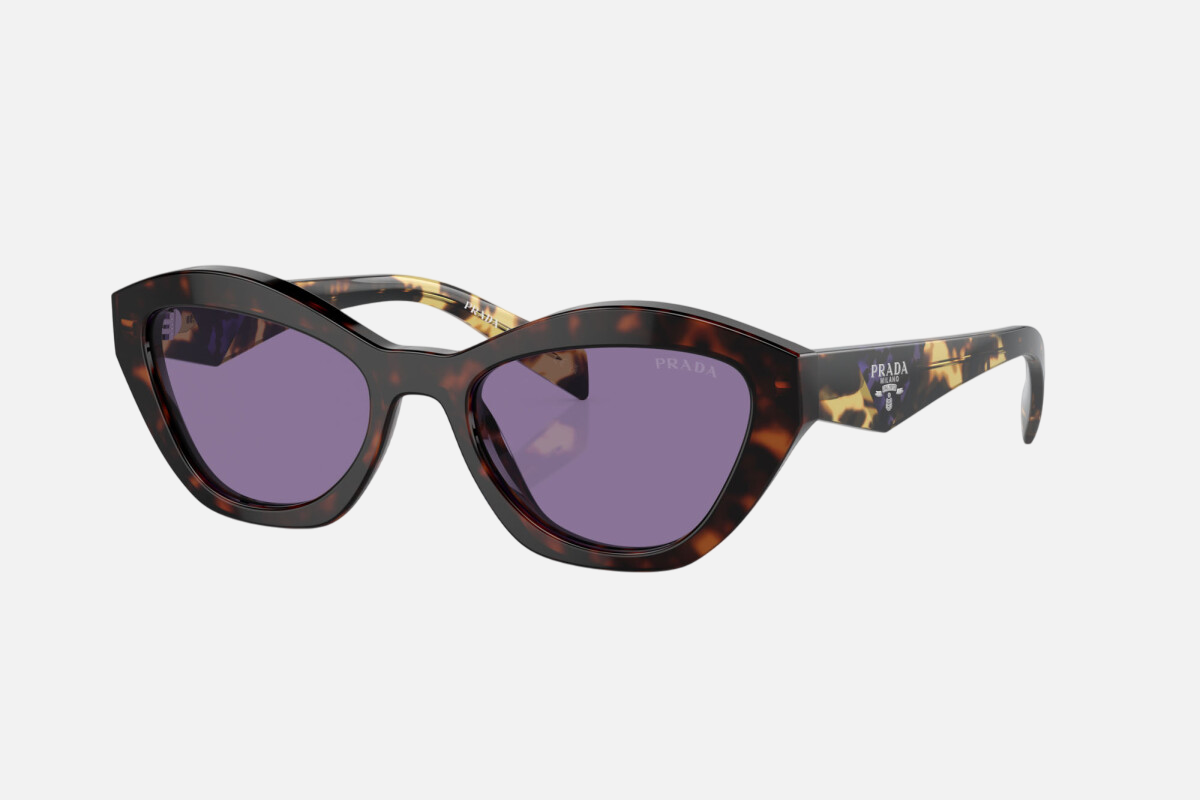 Prada PR A02S 17N50B cat eye sunglasses for women in full rim acetate, with havana frame, and violet lenses. 52mm in lens size, 19mm in bridge size, and 140mm in temple length.