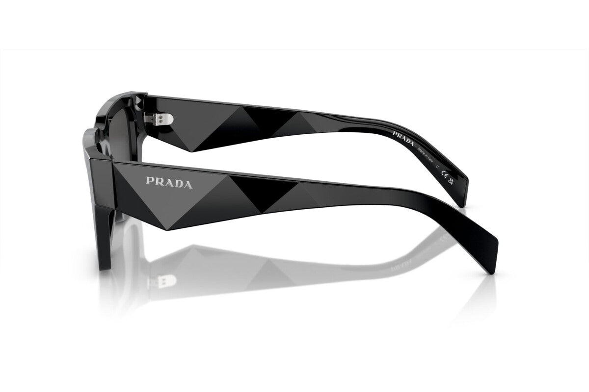 Prada PR A06S 16K08Z square sunglasses for women in full rim acetate, with black frame, and dark grey lenses. 50mm in lens size, 21mm in bridge size, and 145mm in temple length.
