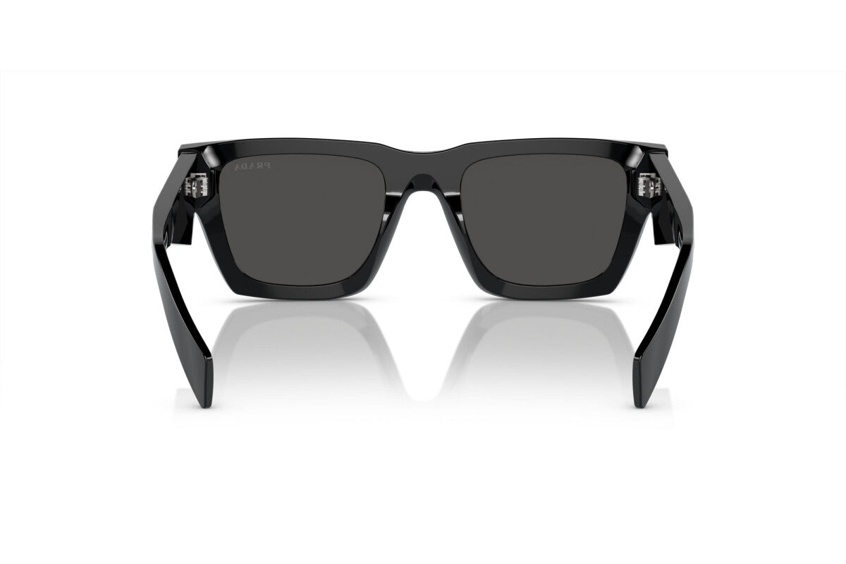 Prada PR A06S 16K08Z square sunglasses for women in full rim acetate, with black frame, and dark grey lenses. 50mm in lens size, 21mm in bridge size, and 145mm in temple length.