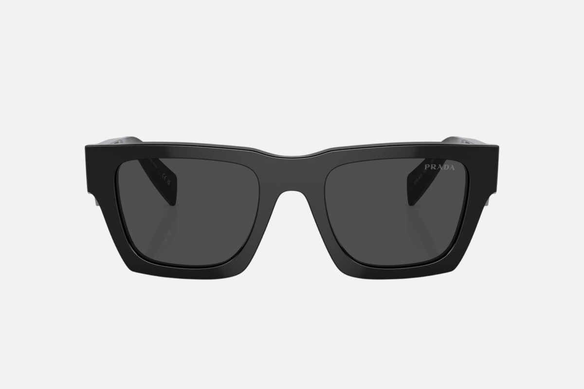 Prada PR A06S 16K08Z square sunglasses for women in full rim acetate, with black frame, and dark grey lenses. 50mm in lens size, 21mm in bridge size, and 145mm in temple length.