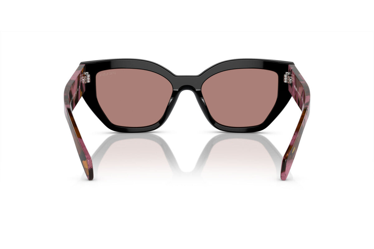Prada PR A09S 12O10D butterfly sunglasses for women in full rim acetate, with mahogany frame, and light brown gradient lenses. 53mm in lens size, 18mm in bridge size, and 145mm in temple length.