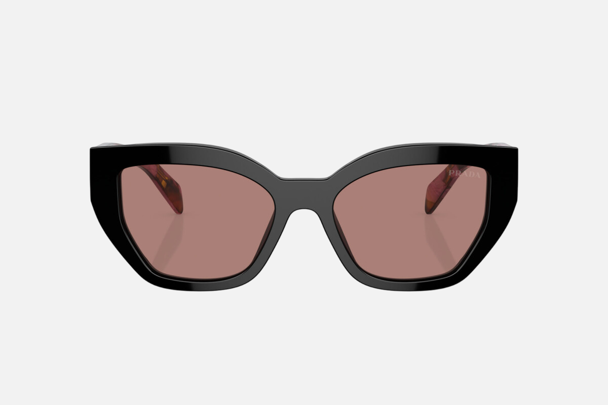 Prada PR A09S 12O10D butterfly sunglasses for women in full rim acetate, with mahogany frame, and light brown gradient lenses. 53mm in lens size, 18mm in bridge size, and 145mm in temple length.
