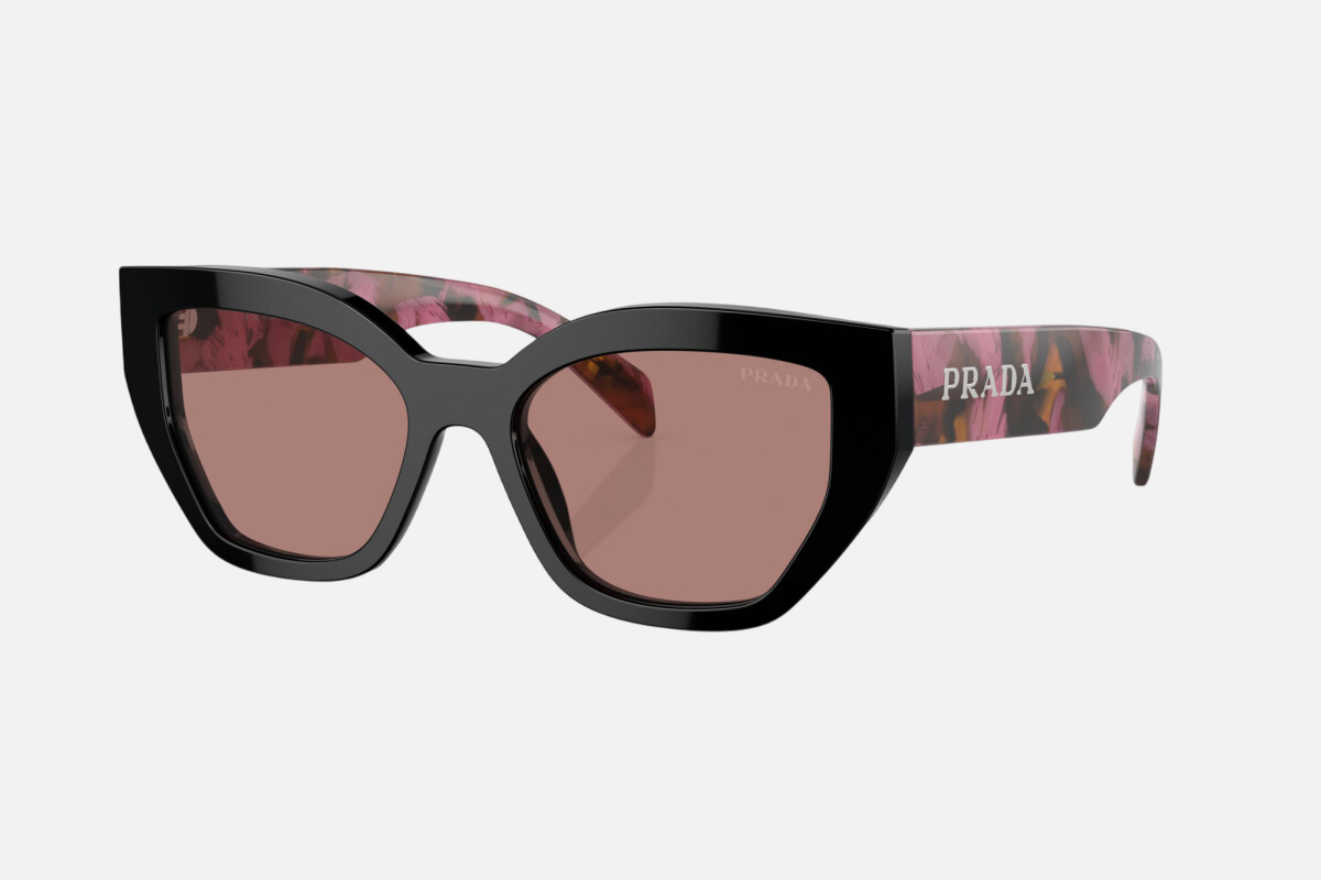 Prada PR A09S 12O10D butterfly sunglasses for women in full rim acetate, with mahogany frame, and light brown gradient lenses. 53mm in lens size, 18mm in bridge size, and 145mm in temple length.
