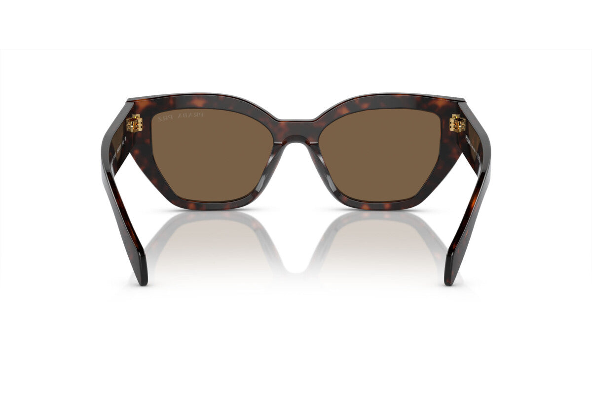 Prada PR A09S 16N5Y1 butterfly sunglasses for women in full rim acetate, with havana frame, and dark brown lenses. 53mm in lens size, 18mm in bridge size, and 145mm in temple length.