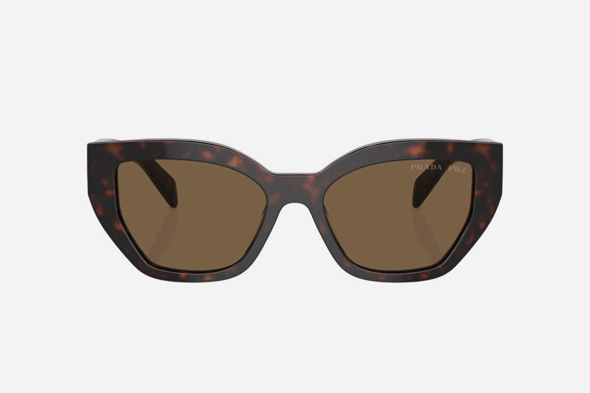 Prada PR A09S 16N5Y1 butterfly sunglasses for women in full rim acetate, with havana frame, and dark brown lenses. 53mm in lens size, 18mm in bridge size, and 145mm in temple length.