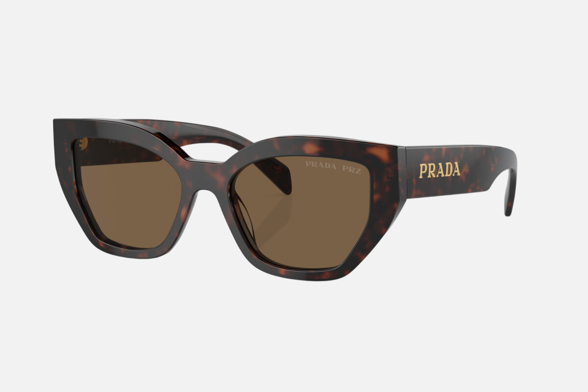 Prada PR A09S 16N5Y1 butterfly sunglasses for women in full rim acetate, with havana frame, and dark brown lenses. 53mm in lens size, 18mm in bridge size, and 145mm in temple length.