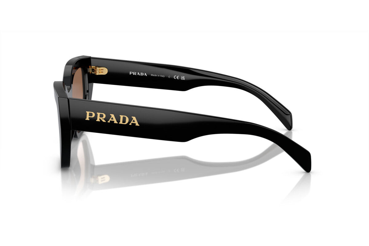 Prada PR A09S 1AB0A6 cat eye sunglasses for women in full rim acetate, with black frame, and brown gradient lenses. 53mm in lens size, 18mm in bridge size, and 145mm in temple length.