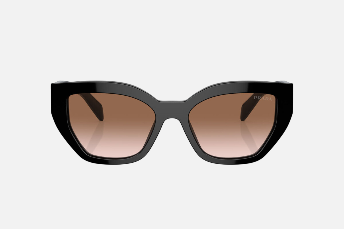 Prada PR A09S 1AB0A6 cat eye sunglasses for women in full rim acetate, with black frame, and brown gradient lenses. 53mm in lens size, 18mm in bridge size, and 145mm in temple length.