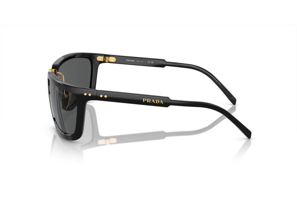 Prada PR A11S 1AB5S0 propionate sunglasses for women in full rim acetate, with black frame, and dark grey lenses. 62mm in lens size, 23mm in bridge size, and 125mm in temple length.