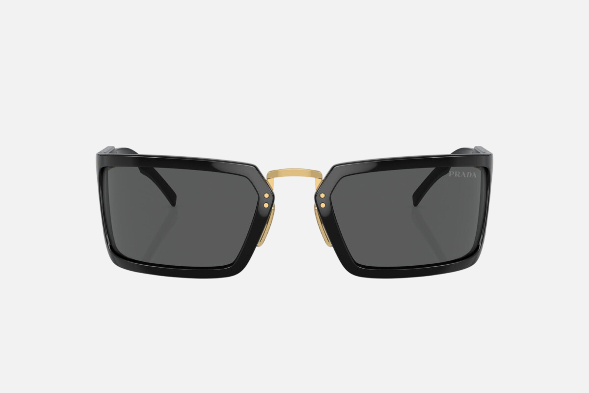 Prada PR A11S 1AB5S0 propionate sunglasses for women in full rim acetate, with black frame, and dark grey lenses. 62mm in lens size, 23mm in bridge size, and 125mm in temple length.