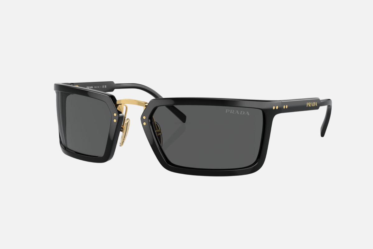 Prada PR A11S 1AB5S0 propionate sunglasses for women in full rim acetate, with black frame, and dark grey lenses. 62mm in lens size, 23mm in bridge size, and 125mm in temple length.