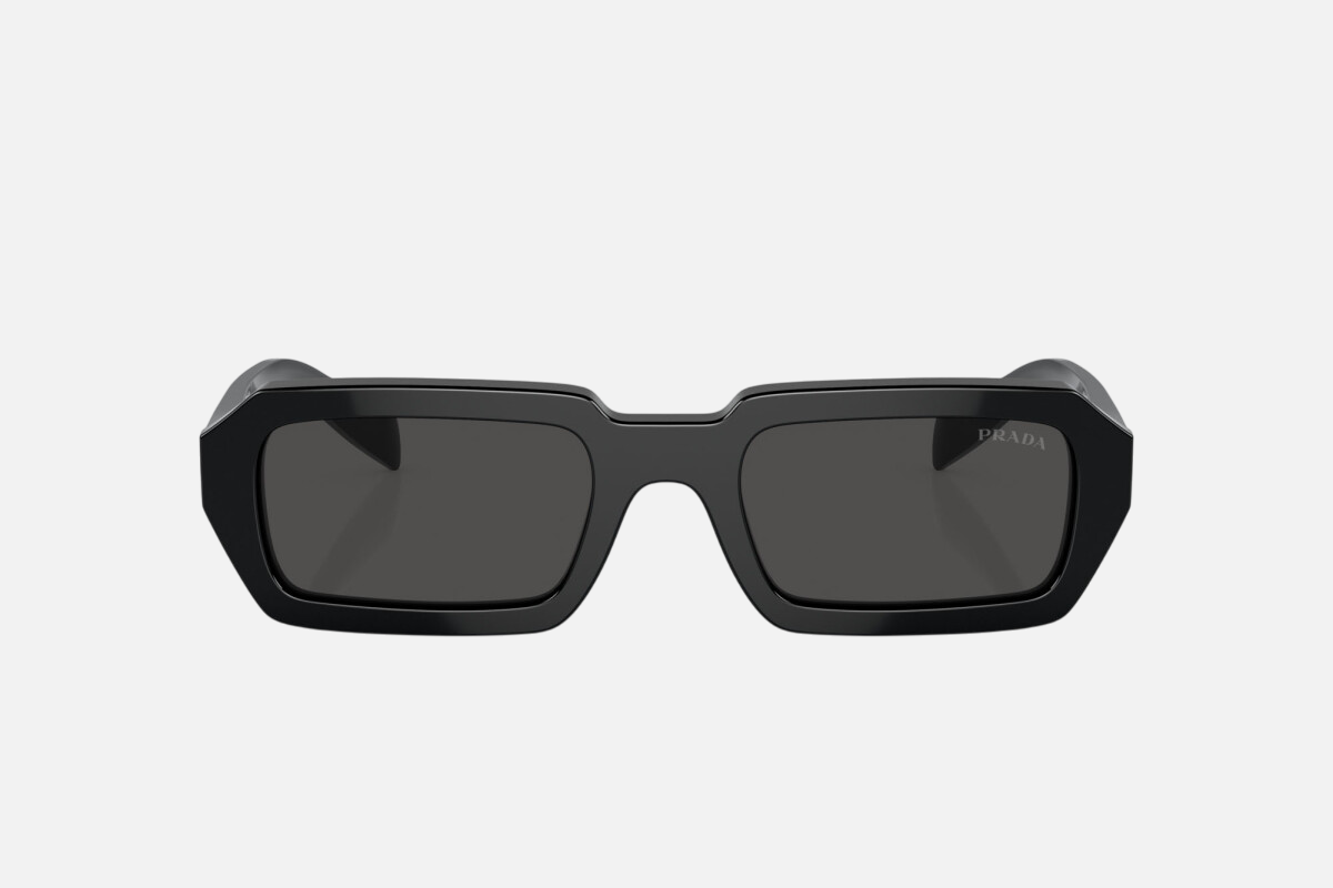 Prada PR A12S 16K08Z rectangular sunglasses for women in full rim acetate, with black frame, and dark grey lenses. 52mm in lens size, 21mm in bridge size, and 140mm in temple length.