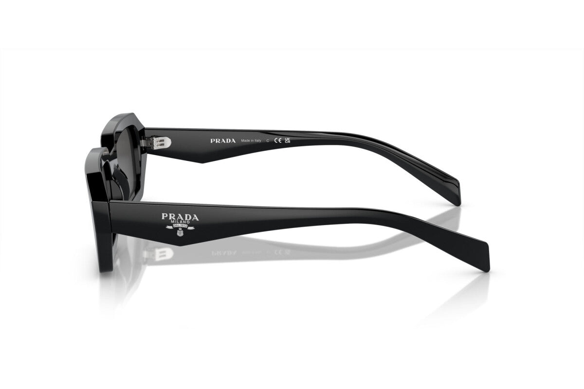 Prada PR A12S 16K08Z rectangular sunglasses for women in full rim acetate, with black frame, and dark grey lenses. 52mm in lens size, 21mm in bridge size, and 140mm in temple length.