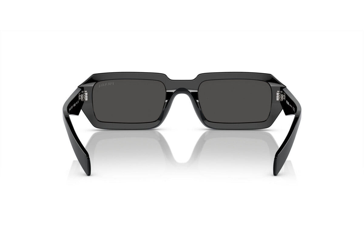 Prada PR A12S 16K08Z rectangular sunglasses for women in full rim acetate, with black frame, and dark grey lenses. 52mm in lens size, 21mm in bridge size, and 140mm in temple length.