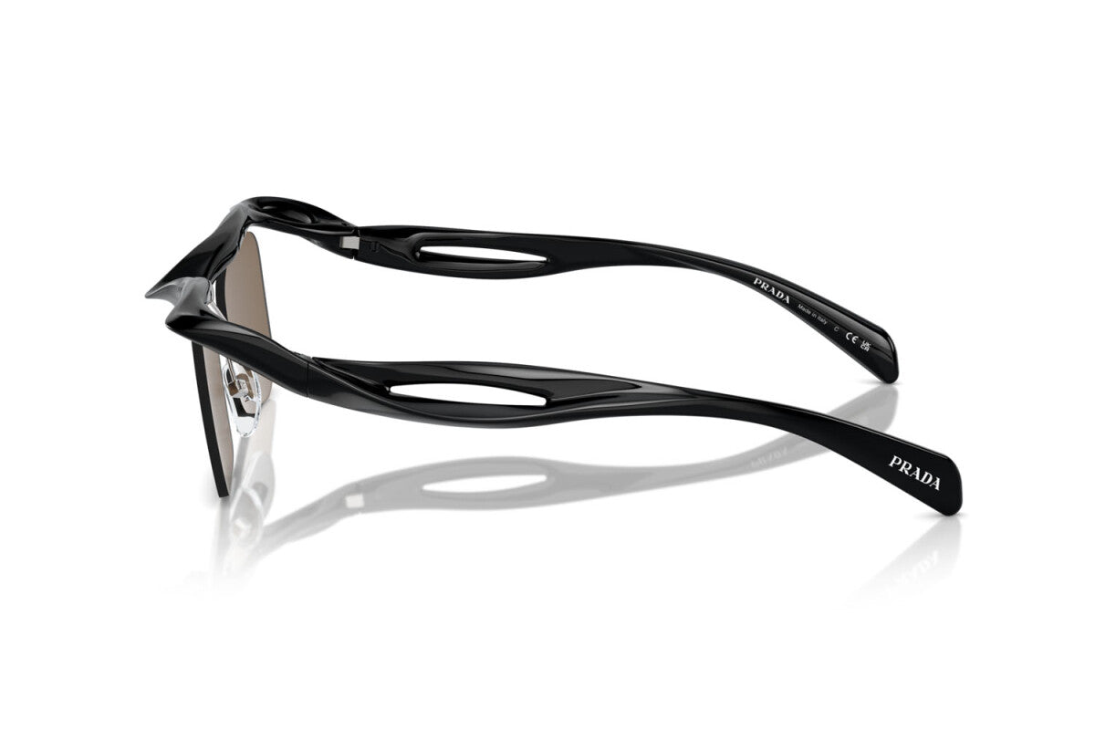 Prada PR A15S 1AB8C1 rectangular sunglasses for men in rimless nylon, with black frame, and dark brown lenses. 47mm in lens size, 20mm in bridge size, and 135mm in temple length.