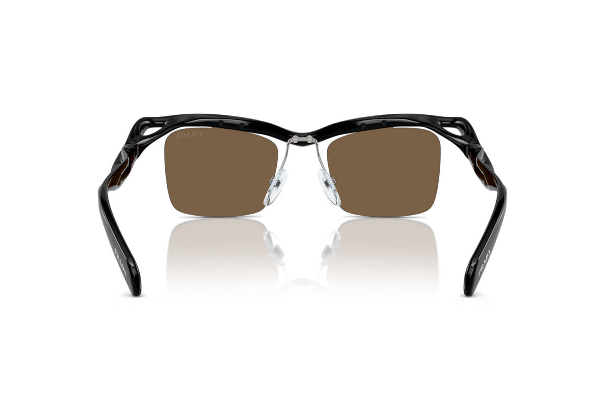 Prada PR A15S 1AB8C1 rectangular sunglasses for men in rimless nylon, with black frame, and dark brown lenses. 47mm in lens size, 20mm in bridge size, and 135mm in temple length.