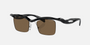 Prada PR A15S 1AB8C1 rectangular sunglasses for men in rimless nylon, with black frame, and dark brown lenses. 47mm in lens size, 20mm in bridge size, and 135mm in temple length.