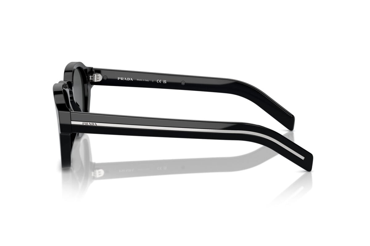 Prada PR A16S 16K731 round sunglasses for men in full rim acetate, with black frame, and dark grey lenses. 49mm in lens size, 24mm in bridge size, and 145mm in temple length.