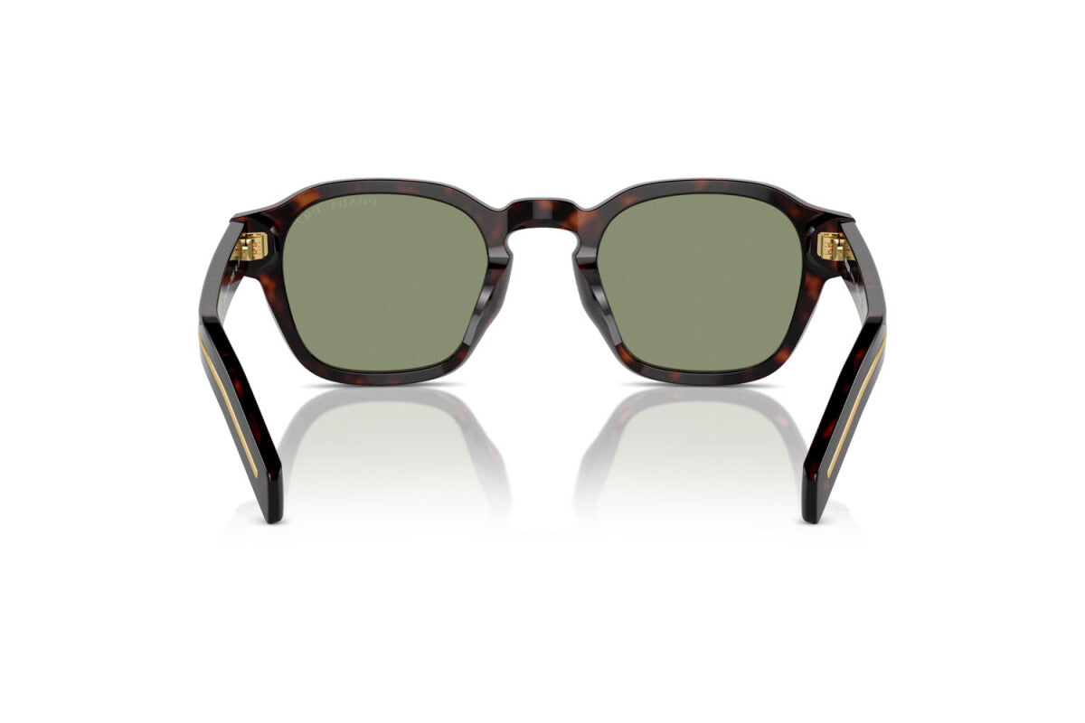 Prada PR A16S 17N20G round sunglasses for men in full rim acetate, with havana frame, and green lenses. 49mm in lens size, 24mm in bridge size, and 145mm in temple length.