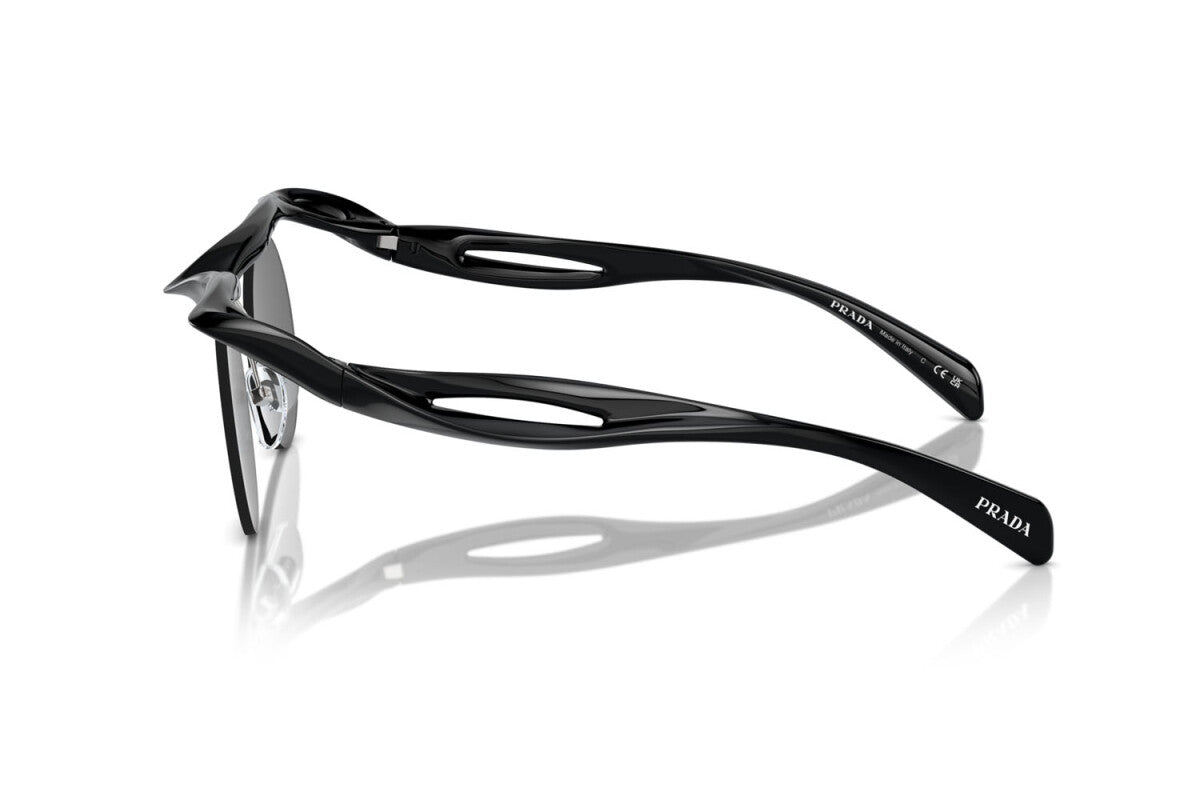 Prada PR A18S 1AB5S0 round sunglasses for men in rimless injected, with black frame, and dark grey lenses. 43mm in lens size, 22mm in bridge size, and 135mm in temple length.