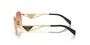 Prada PR A51S 5AK40C irregular sunglasses for women in full rim metal, with gold frame, and red pink lenses. 58mm in lens size, 17mm in bridge size, and 140mm in temple length.