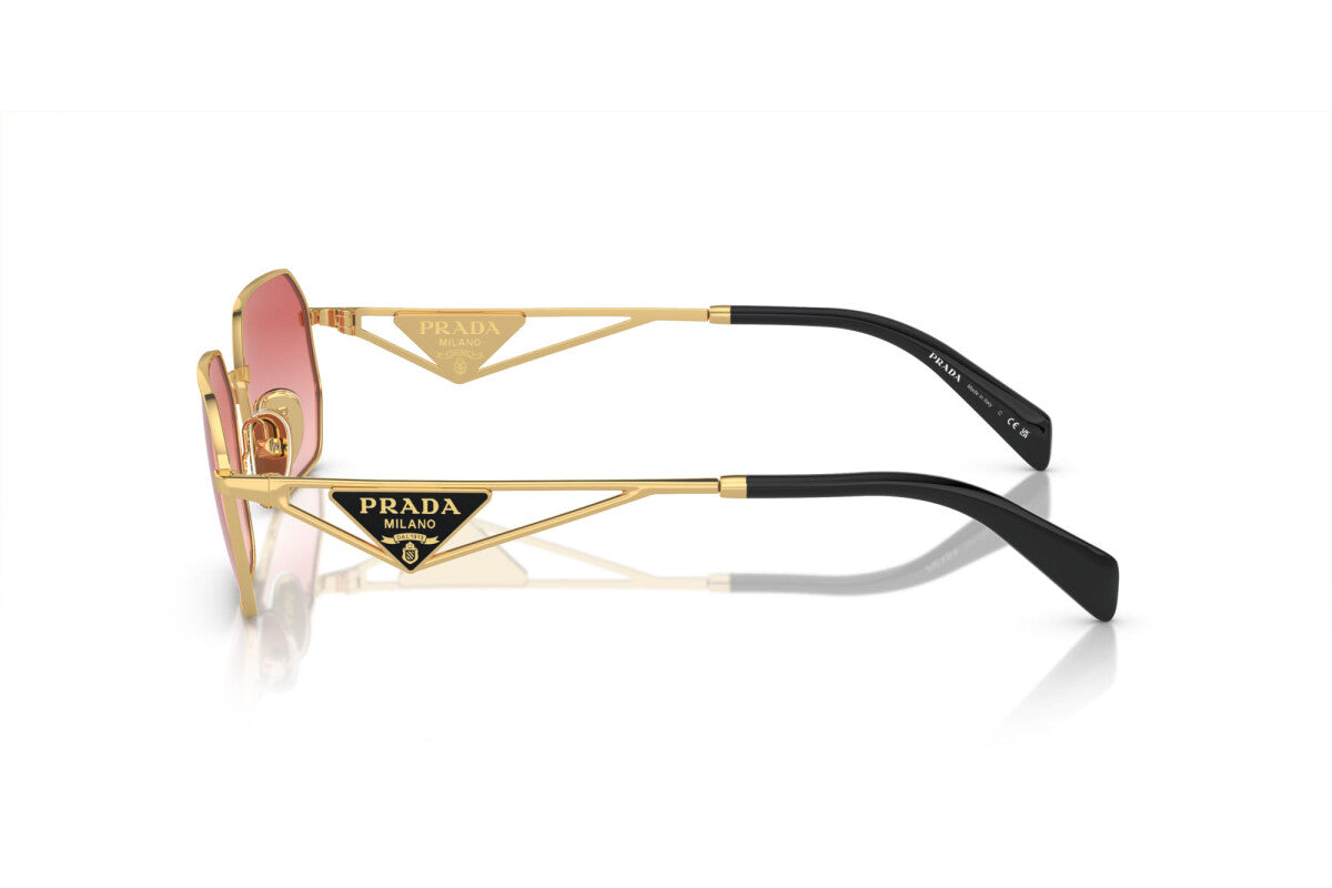 Prada PR A51S 5AK40C irregular sunglasses for women in full rim metal, with gold frame, and red pink lenses. 58mm in lens size, 17mm in bridge size, and 140mm in temple length.