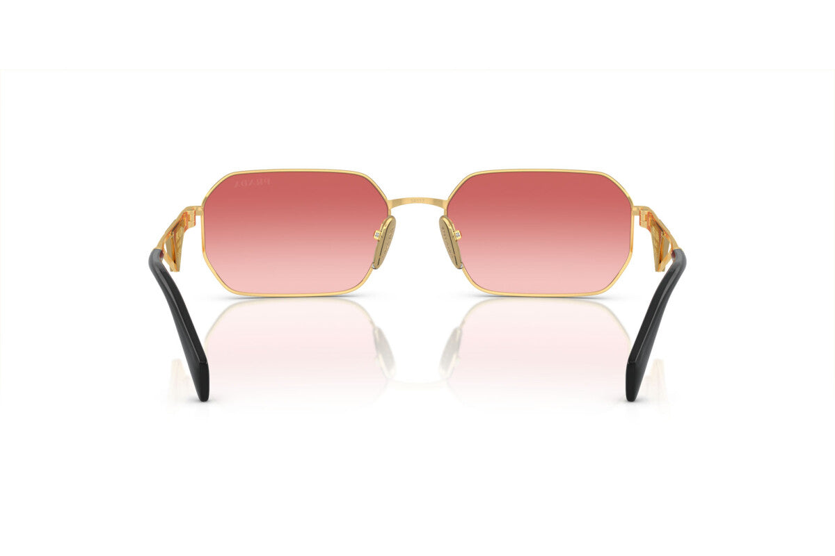 Prada PR A51S 5AK40C irregular sunglasses for women in full rim metal, with gold frame, and red pink lenses. 58mm in lens size, 17mm in bridge size, and 140mm in temple length.