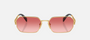 Prada PR A51S 5AK40C irregular sunglasses for women in full rim metal, with gold frame, and red pink lenses. 58mm in lens size, 17mm in bridge size, and 140mm in temple length.