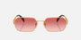 Prada PR A51S 5AK40C irregular sunglasses for women in full rim metal, with gold frame, and red pink lenses. 58mm in lens size, 17mm in bridge size, and 140mm in temple length.