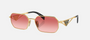 Prada PR A51S 5AK40C irregular sunglasses for women in full rim metal, with gold frame, and red pink lenses. 58mm in lens size, 17mm in bridge size, and 140mm in temple length.