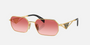 Prada PR A51S 5AK40C irregular sunglasses for women in full rim metal, with gold frame, and red pink lenses. 58mm in lens size, 17mm in bridge size, and 140mm in temple length.