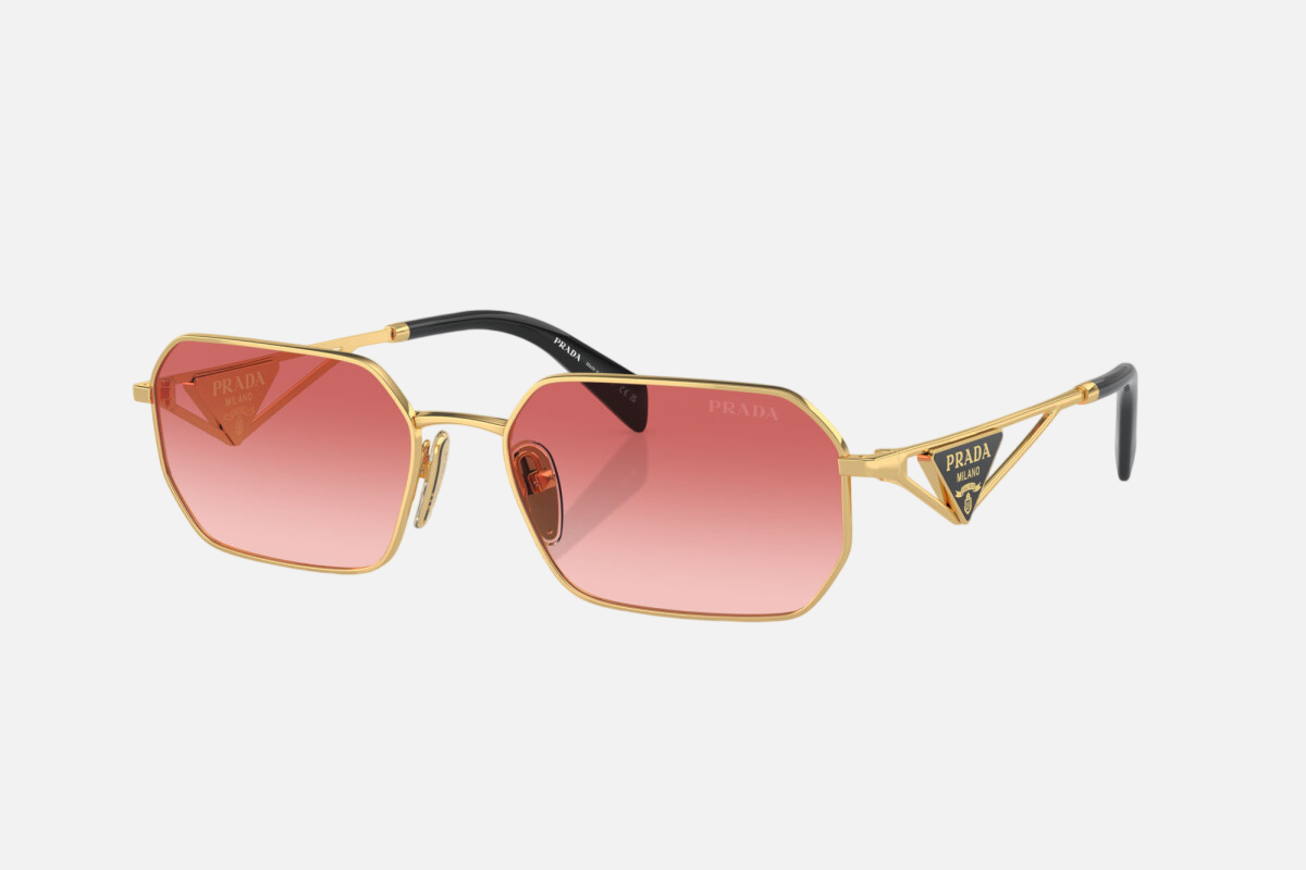 Prada PR A51S 5AK40C irregular sunglasses for women in full rim metal, with gold frame, and red pink lenses. 58mm in lens size, 17mm in bridge size, and 140mm in temple length.