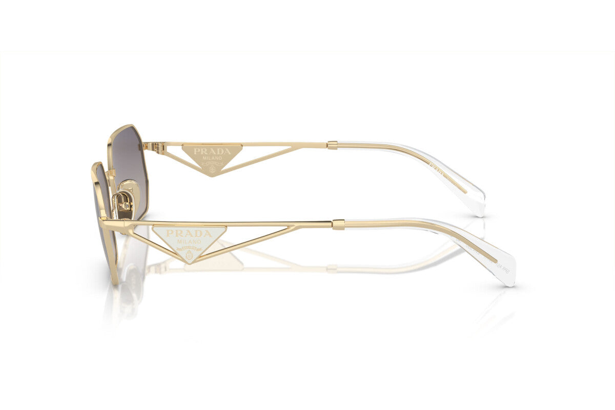 Prada PR A51S ZVN30C irregular sunglasses for women in full rim metal, with pale gold frame, and mirrored silver gradient blue lenses. 58mm in lens size, 17mm in bridge size, and 140mm in temple length.