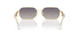 Prada PR A51S ZVN30C irregular sunglasses for women in full rim metal, with pale gold frame, and mirrored silver gradient blue lenses. 58mm in lens size, 17mm in bridge size, and 140mm in temple length.