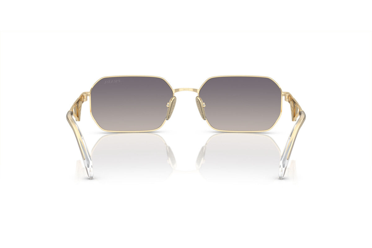 Prada PR A51S ZVN30C irregular sunglasses for women in full rim metal, with pale gold frame, and mirrored silver gradient blue lenses. 58mm in lens size, 17mm in bridge size, and 140mm in temple length.
