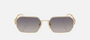 Prada PR A51S ZVN30C irregular sunglasses for women in full rim metal, with pale gold frame, and mirrored silver gradient blue lenses. 58mm in lens size, 17mm in bridge size, and 140mm in temple length.