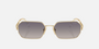 Prada PR A51S ZVN30C irregular sunglasses for women in full rim metal, with pale gold frame, and mirrored silver gradient blue lenses. 58mm in lens size, 17mm in bridge size, and 140mm in temple length.